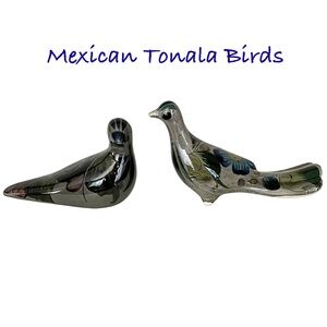 Elegant Ceramic Tonala Mexico Bird Figurines - Green and Blue, Set Of Two.